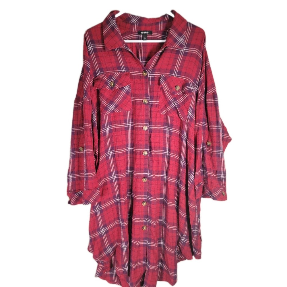 Torrid Grunge Plaid Maxi Duster Tunic Shirt 2X 2 Red Rayon Longline High Low Top